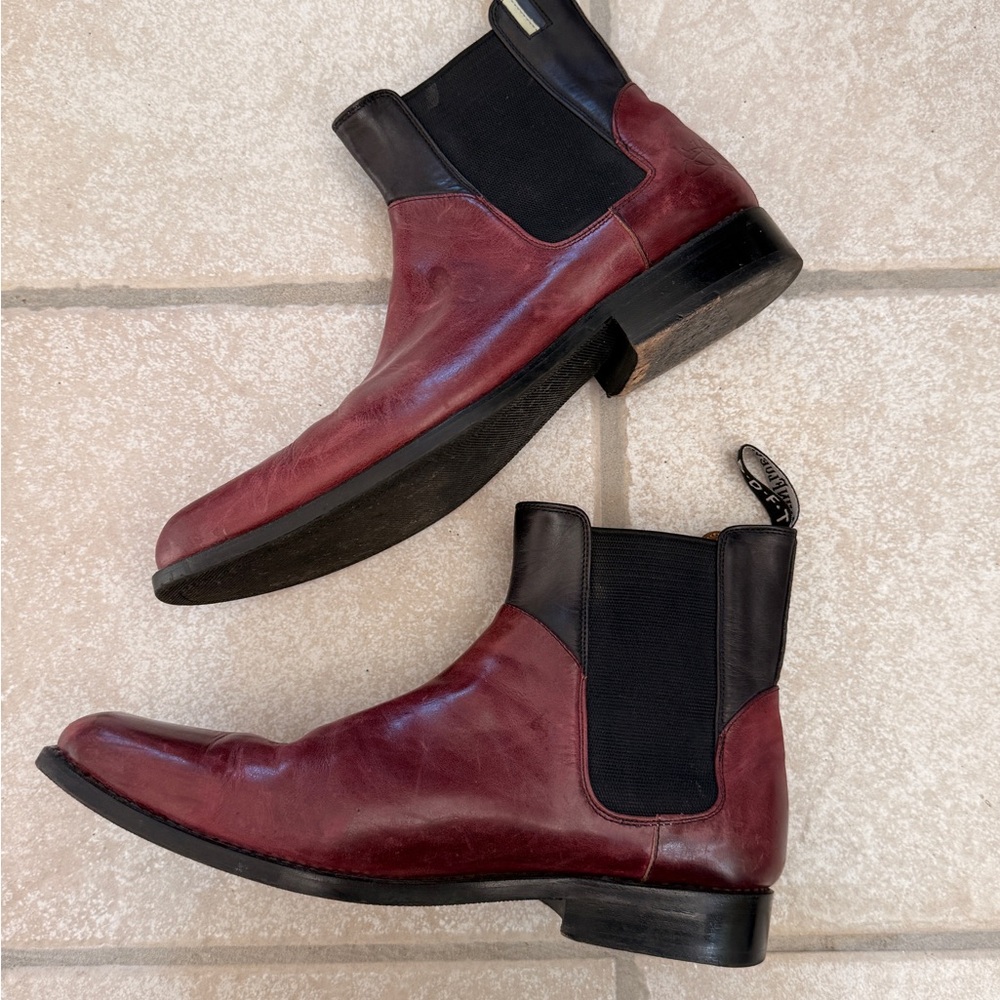 John Fluevog Burgundy and Black Leather Chelsea Boots